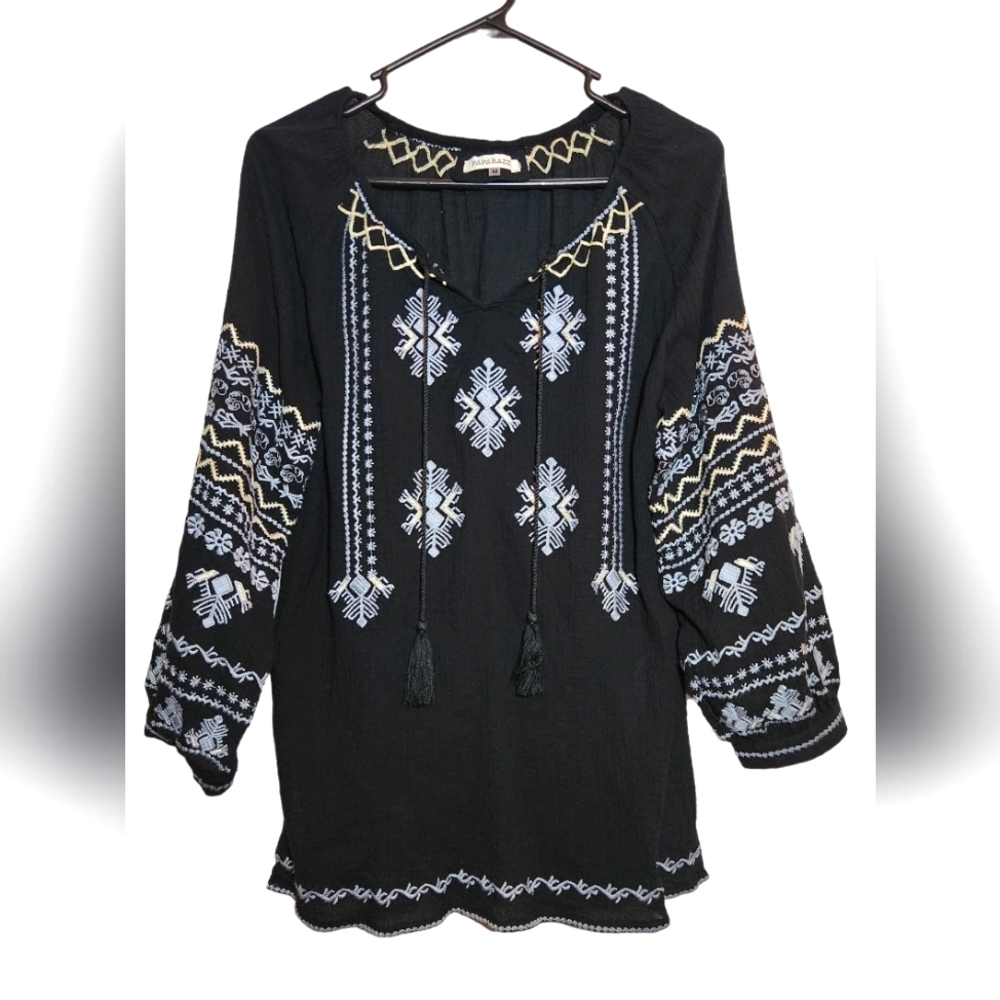 Paparazzi Boho Embroidered Black Top Tunic 100% Cotton Size M Hippie Cottagecore - Picture 1 of 6